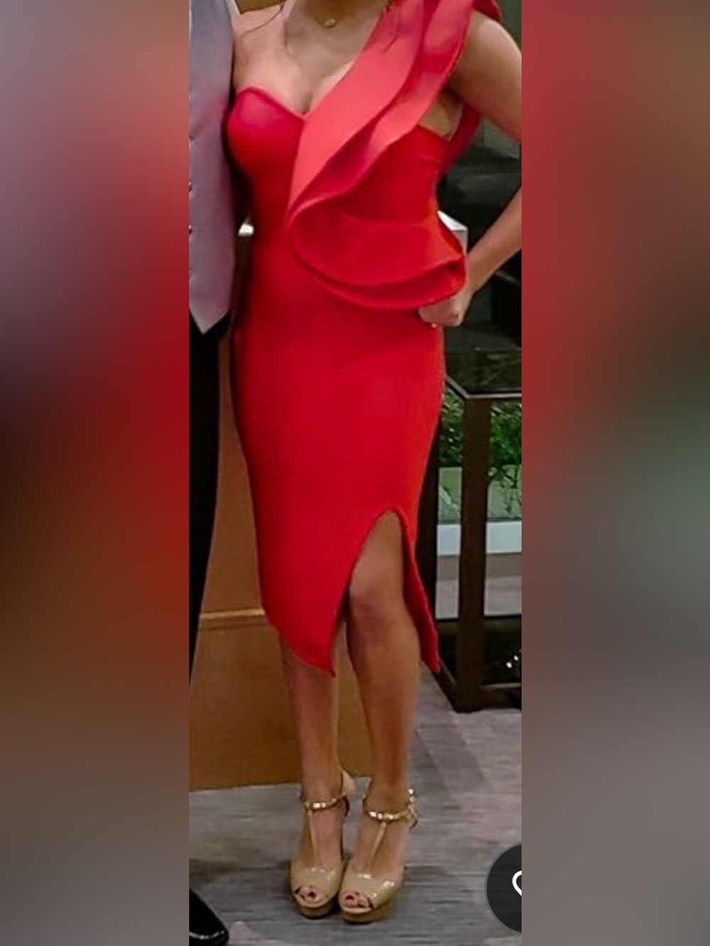 One-Shoulder Red Ruffle Midi Dress - Picture 2 of 8
